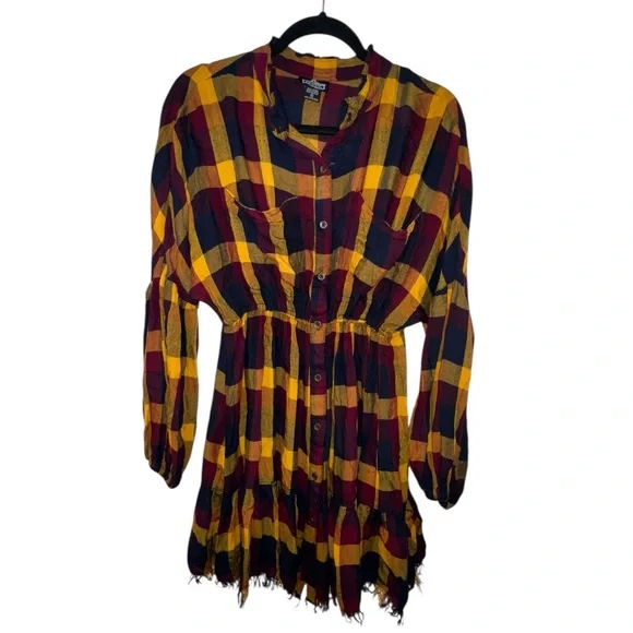 Boho Multicolored Plaid Fringe Bottom-Button Front-Mini Dress - Picture 6 of 7